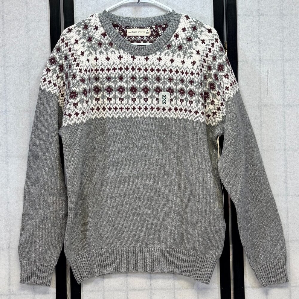 Mutual Weave Fair Isle Sweater M Grey White Maroon Nordic Knit Crew Neck